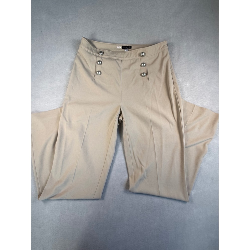 Venus Womens Beige Sailor Wide Leg Pants Silver Button High Waist Tan Size 10